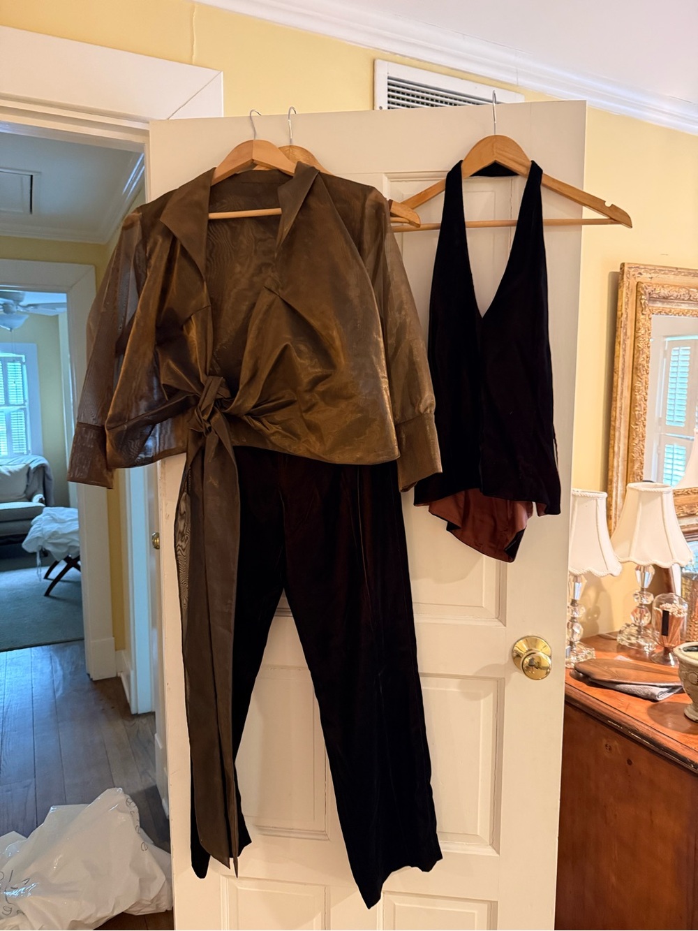 Carlisle Velvet 4-Piece Set with Overlay Shirt, Halter Top, Pant, and Skirt